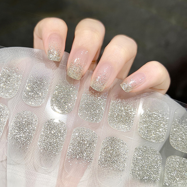 Born PRETTY 22 Tips Semi-cured Gel Nail Strips Glitter French Full Cover Nail Gel Sticker Wraps