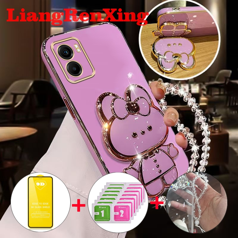 [พร้อมกระจกนิรภัย] เคส ปลอกหัวเว่ยเกียรติ HUAWEI HONOR X7B เกียรติ X8A X8B โทรศัพท์กรณี softcase electroplated ซิลิโคนกันกระแทกเรียบปกการออกแบบใหม่ความงามกับผู้ถือกระต่าย DDMTSL01