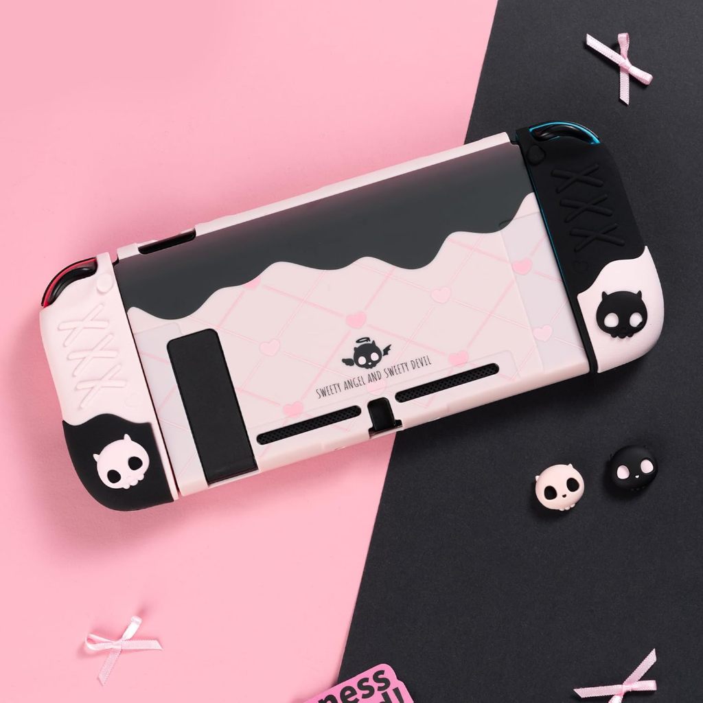 เคสป้องกันสําหรับ Switch/OLED Anti-Scratch Slim Cover Case ใช้งานร่วมกับ Nintendo Switch Sparable Soft Silicone Protective Shell with 2 Thumb Grip Caps- Sweetheart Skull