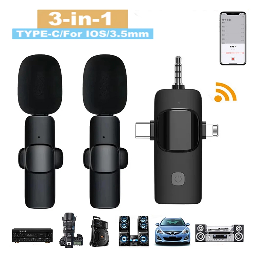 3 In 1 ไมโครโฟนไร้สายแบบหนีบเสื้อสําหรับ iPhone Android 3.5 มม.สําหรับวิทยุการบันทึกสดลดเสียงรบกวน Mini Mic รองรับอย่างกว้างๆ