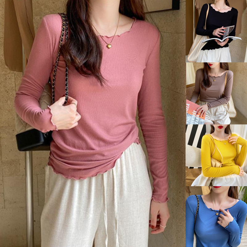 ผู้หญิงแฟชั่นฤดูใบไม้ร่วงนัวเนียขอบแขนยาวเสื้อยืดสลิมฟิตสีทึบ จุดต่ําสุด เสื้อ อิน สูงสุด