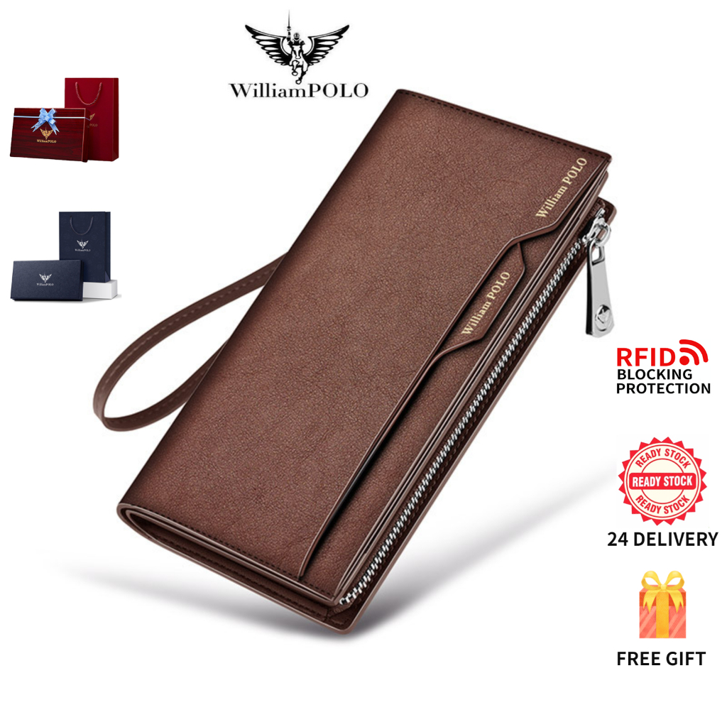 กระเป๋าสตางค์หนังแท้ William POLO สำหรับผู้ชาย ความจุใหญ่ หลายช่อง กันคลื่น RFID แถมกล่องของขวัญ Men's Wallet - Large Capacity Genuine Leather Long RFID Blocking Zipper Wallet with Gift Box