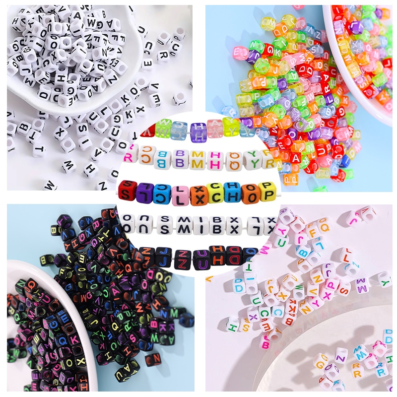 อะคริลิคสแควร์ลูกปัด 6x6 มม.100 ชิ้นที่มีสีสันผสมตัวอักษร Cube ลูกปัด Charms สําหรับ Handmade มิตรภาพสร้อยข้อมือสร้อยคอ DIY อุปกรณ์เสริม