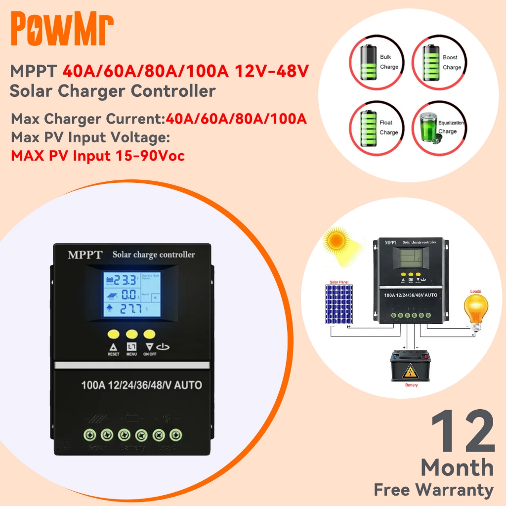 Powmr 40A/60A/80A/100A MPPT Solar Charge Controller 12V 24V 36V 48V จอแสดงผล LCD แบตเตอรี่อัจฉริยะตัวควบคุมสูงสุด 100V อินพุต Dual USB สําหรับตะกั่วกรด/แบตเตอรี่ลิเธียม