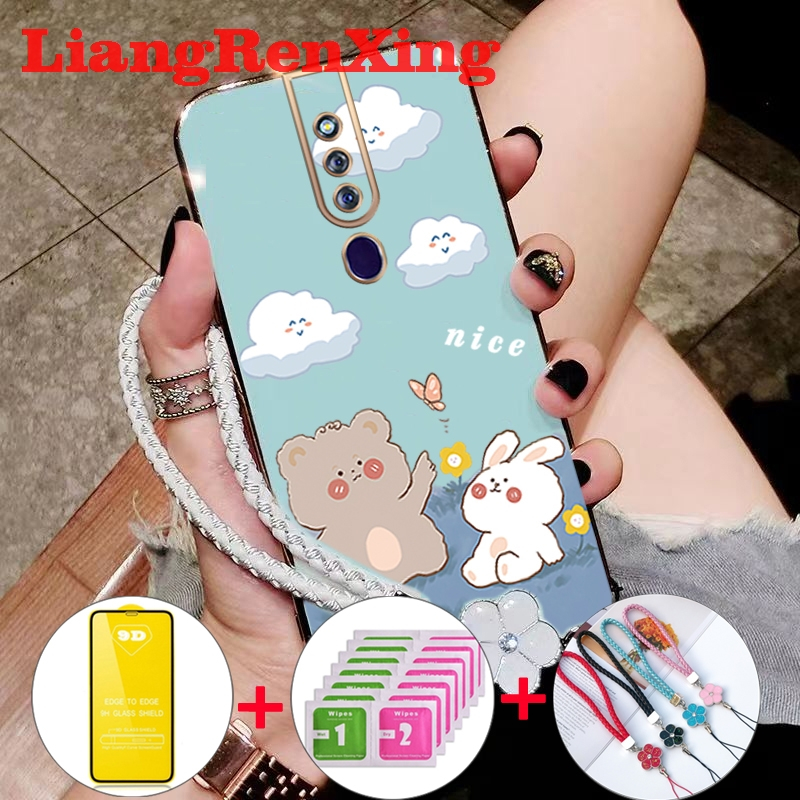 ด้วยกระจกนิรภัยสำหรับปลอก OPPO F11 Pro OPPO F11โทรศัพท์กรณี softcase electroplated ซิลิโคนกันกระแทกปกการออกแบบใหม่ความงามการ์ตูนหมี ddmxx01