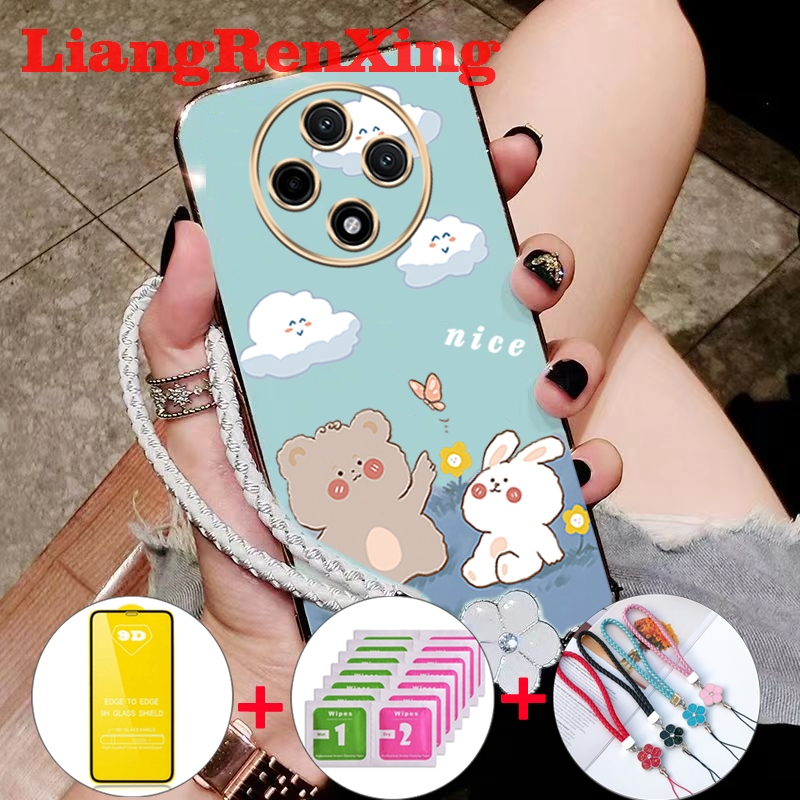 ด้วยกระจกนิรภัยสำหรับปลอก OPPO Reno 12F ren12 F Reno 12 F 5กรัม2024โทรศัพท์กรณี softcase electroplated ซิลิโคนกันกระแทกปกการออกแบบใหม่ความงามการ์ตูนหมี ddmxx01