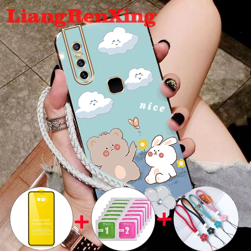 ด้วยกระจกนิรภัยสำหรับปลอก VIVO V15 Pro VIVO V15โทรศัพท์กรณี softcase ซิลิโคนป้องกันเรียบป้องกันกันชนปกการออกแบบใหม่ความงามการ์ตูนหมี DDMXX01