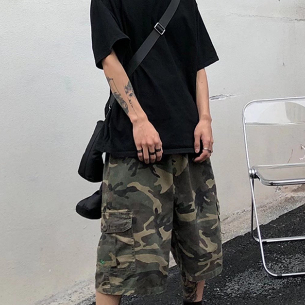 Camouflage Cropped กางเกงผู้ชาย M-3XL All-Match วรรณกรรมกางเกงลําลอง Simple Lazy Harajuku กางเกงขากว้าง Overalls สวมใส่ด้านนอกกางเกงขาสั้นคู่