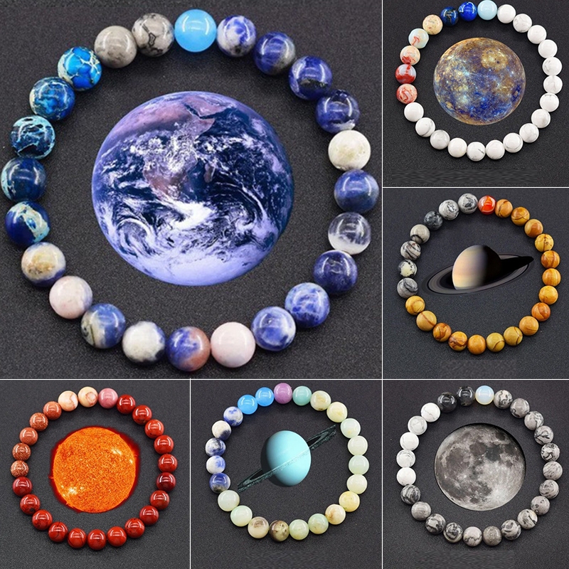 Planets 8 มม.สร้อยข้อมือลูกปัด Handmade Solar System ผู้ชายผู้หญิงเครื่องประดับกําไลข้อมือ 10 สี Sto