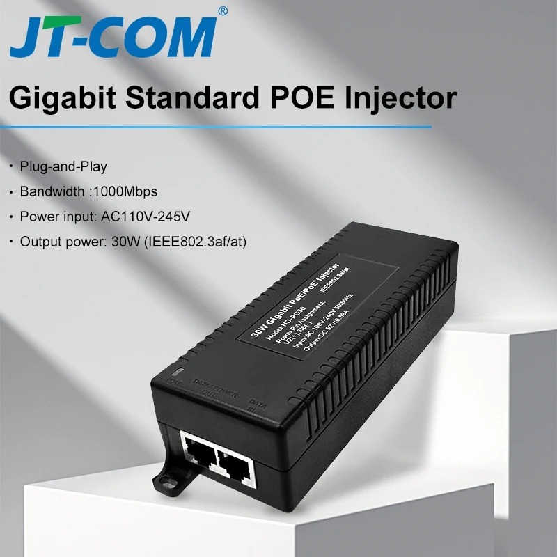 JT-COM Gigabit POE หัวฉีด 52V อะแดปเตอร์จ่ายไฟ 1000M เอาต์พุตอุปกรณ์ 30w สวิตช์จ่ายไฟมาตรฐานพร้อมสาย