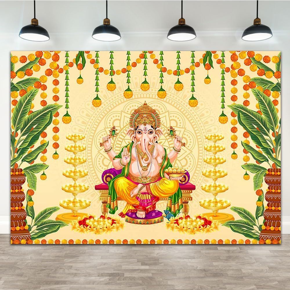 อินเดียแบบดั้งเดิมฉากหลังทองเชิงเทียนสีเขียวใบกล้วยพระพิฆเนศพื้นหลังขมิ้น Puja Ganpati Puja Mehndi ฉ
