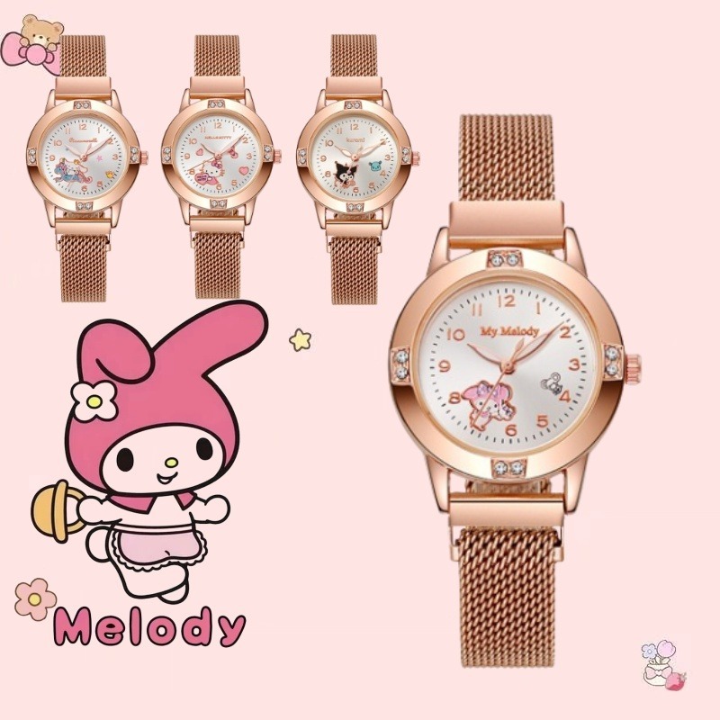 นาฬิกา Sanrio Kuromi Melody สําหรับเด็กนักเรียน Cinnamon/Hello Kitty Rose Gold นาฬิกาดูดซับแม่เหล็กสําหรับเด็ก