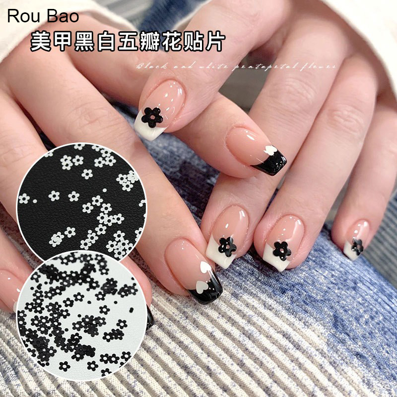 Rou Bao เล็บสีดําสีขาวห้ากลีบดอกไม้ Girly เรซิ่นเล็บ Art DIY Charms ตกแต่ง