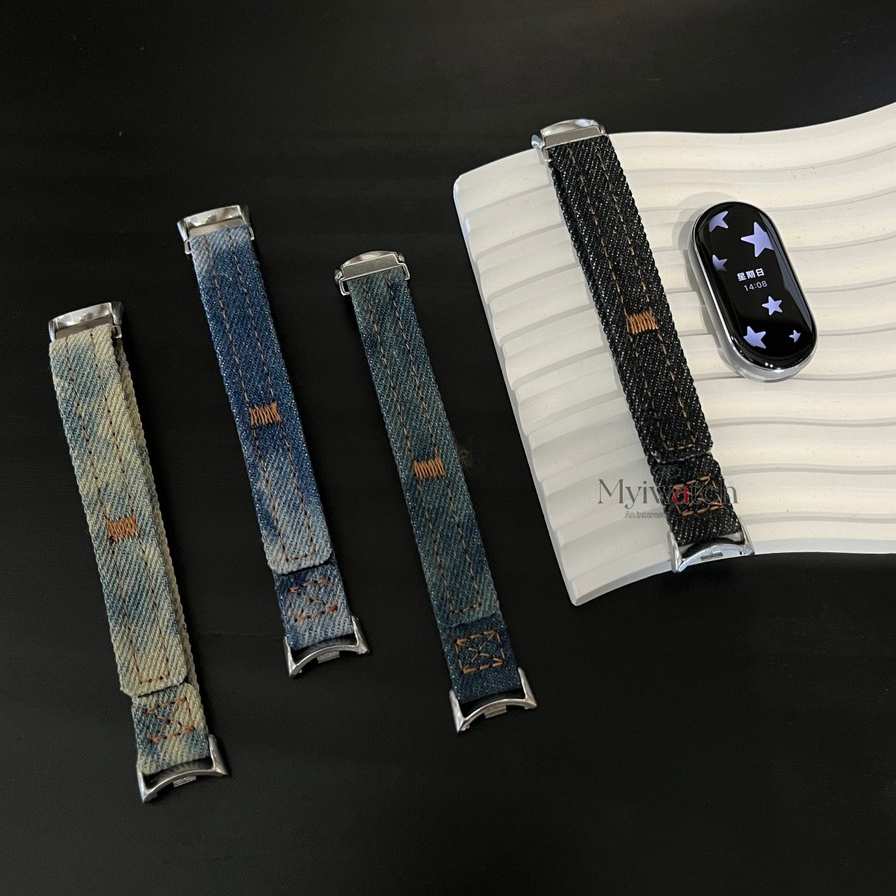 Denim Velcro Design Strap สําหรับ Xiaomi Mi Band 9 8 7 6 5 4 Sport Casual Strap แฟชั่นสําหรับ Mi 8 Pro Band สายคล้อง