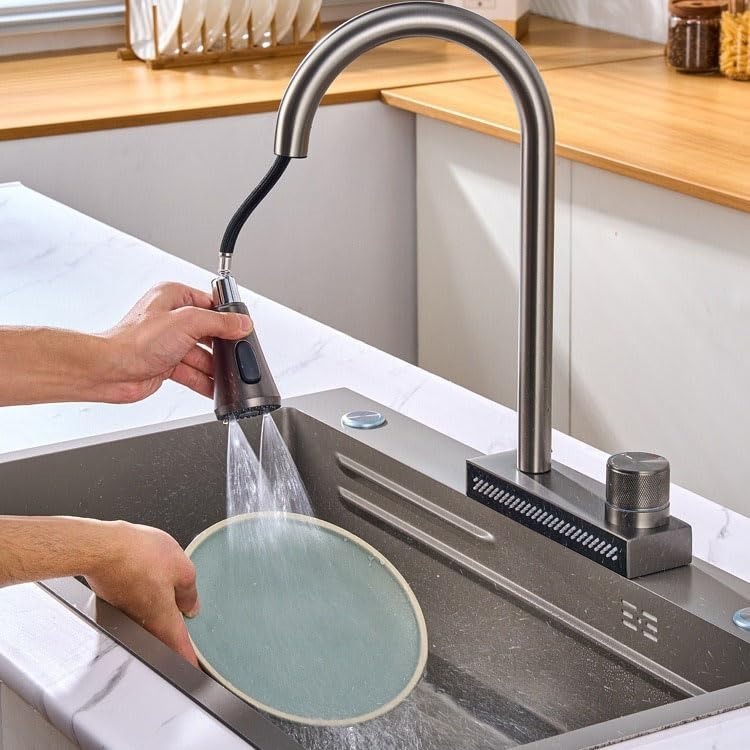 DDhome Mixer Tap อ่างล้างจานดึงสเปรย์ Flying Rain น้ําตกห้องครัว Taps Mixer สแตนเลสหลุมเดียว Fuacet