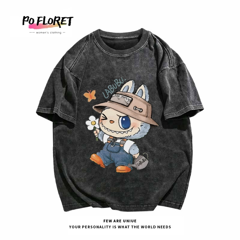 เสื้อฟอก oversize Pofloret ผ้าฝ้าย100% โอเวอร์ไซซ์ เสื้อยืดแขนสั้นลายการ์ตูน#T1624