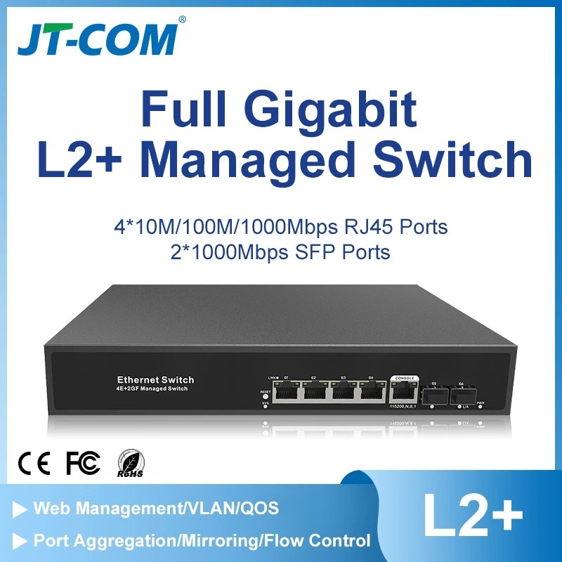 JT-COM 6 พอร์ต Managed L2 + สวิตช์ 4 Gigabit 1000mbps Rj45 พอร์ต + 2 พอร์ต SFP สวิตช์เครือข่าย QOS V