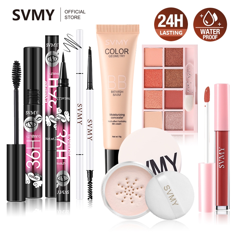 Svmy เครื่องสําอางแต่งหน้าบนใบหน้า 7 ชิ้นชุดแป้งฝุ่นลิปสติกมาสคาร่าอายแชโดว์บีบีครีมอายไลเนอร์ดินสอเขียนคิ้วเริ่มต้นคอนซีลเลอร์ติดทนนานกันน้ํา
