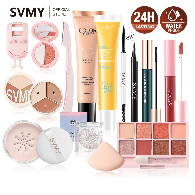 Svmy เครื่องสําอางแต่งหน้าบนใบหน้า 14 ชิ้นชุดครีมป้องกัน Blush มาสคาร่าลิปสติกแป้งฝุ่นคอนซีลเลอร์ติดทนนานกันน้ําเริ่มต้น