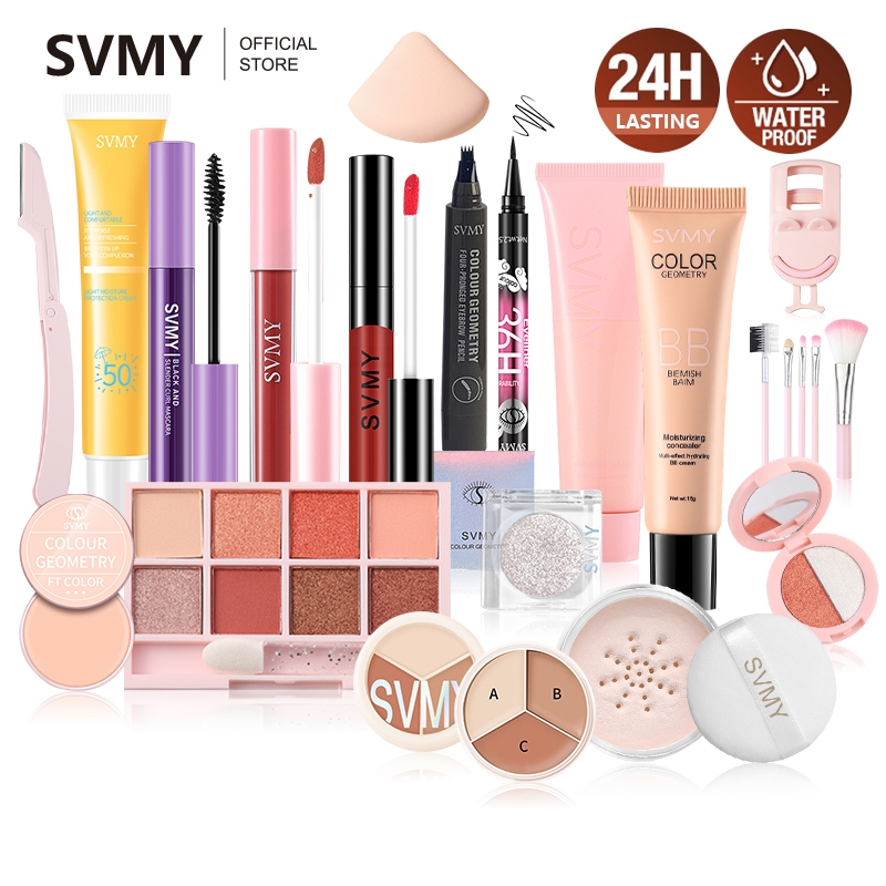 Svmy เครื่องสําอางแต่งหน้าบนใบหน้า 18 ชิ้นชุดลิปสติกอายแชโดว์ครีมป้องกันบลัชออนคอนซีลเลอร์เริ่มต้นยาวนานกันน้ํา