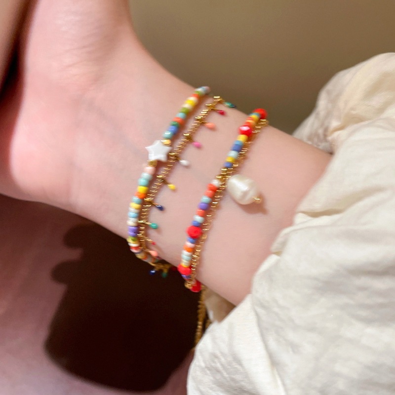 สร้อยข้อมือลูกปัด Dopamine สีสันสดใส Star Pearl Double Tassel Women สร้อยข้อมือสไตล์ชาติพันธุ์