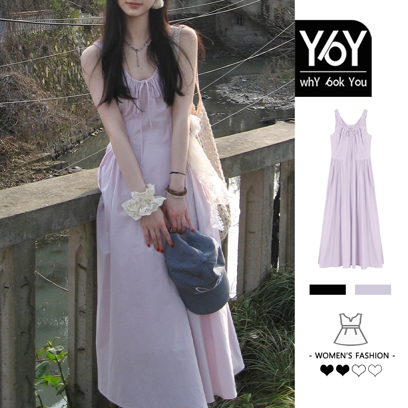 Y6y ชุดเดรสสุภาพสตรีสลิงสีม่วงอารมณ์สไตล์อ่อนโยนฝรั่งเศส C6L43439 (สีม่วง)