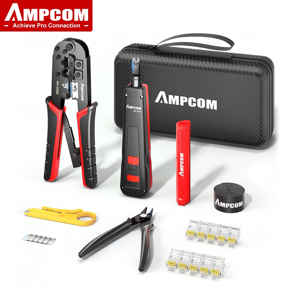 Ampcom Ethernet Crimping ชุดเครื่องมือ 7-in-1 สําหรับ CAT6/CAT5e RJ45 Connectors 110 Punch Down เครื่องมือ Wire Stripper แบบพกพากระเป๋ากันน้ํา