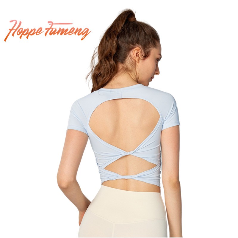 เสื้อยืดแขนสั้นบุนวม Hoppe Fumeng ด้านหลังที่สวยงามสําหรับผู้หญิงชุดกีฬายิม