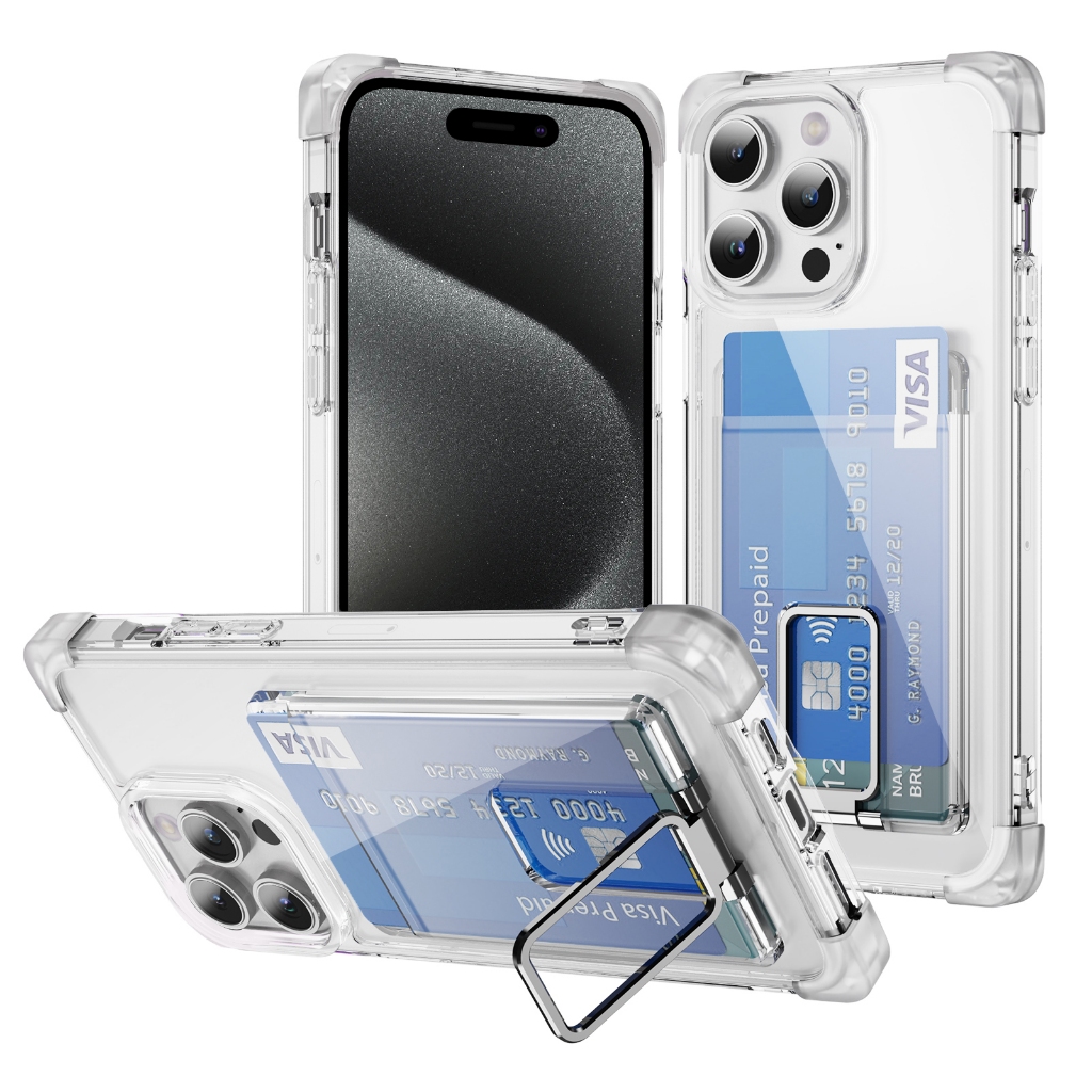 เคสโทรศัพท์มือถือ แบบใส ป้องกันกระแทก พร้อมช่องใส่บัตร ขาตั้งโลหะ สําหรับ iPhone 16 15 14 13 12 11 Pro Max 14 15 Plus