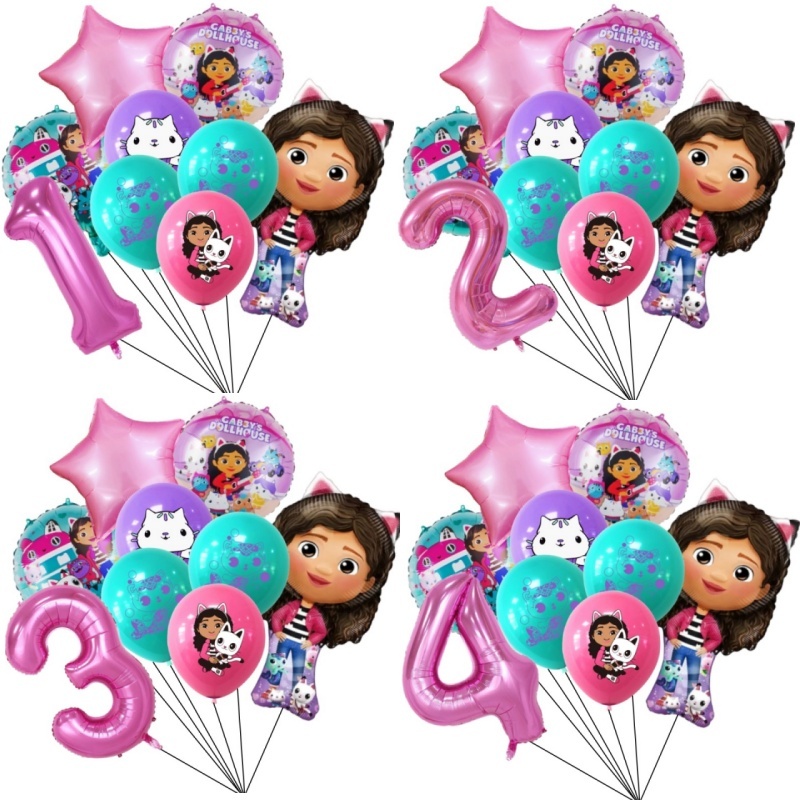 9pcs Gabby ตุ๊กตาแมวบอลลูนวันเกิดตกแต่ง 32 นิ้วจํานวนการ์ตูนบอลลูนอุปกรณ์อาบน้ําเด็กของเล่นเด็ก Globos