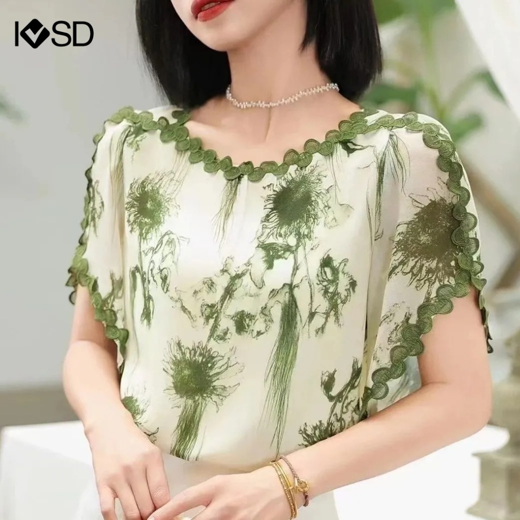 Ivsd ผู้หญิงพิมพ์ลายดอกไม้เสื้อชีฟองแขนค้างคาวเสื้อหรูหรา