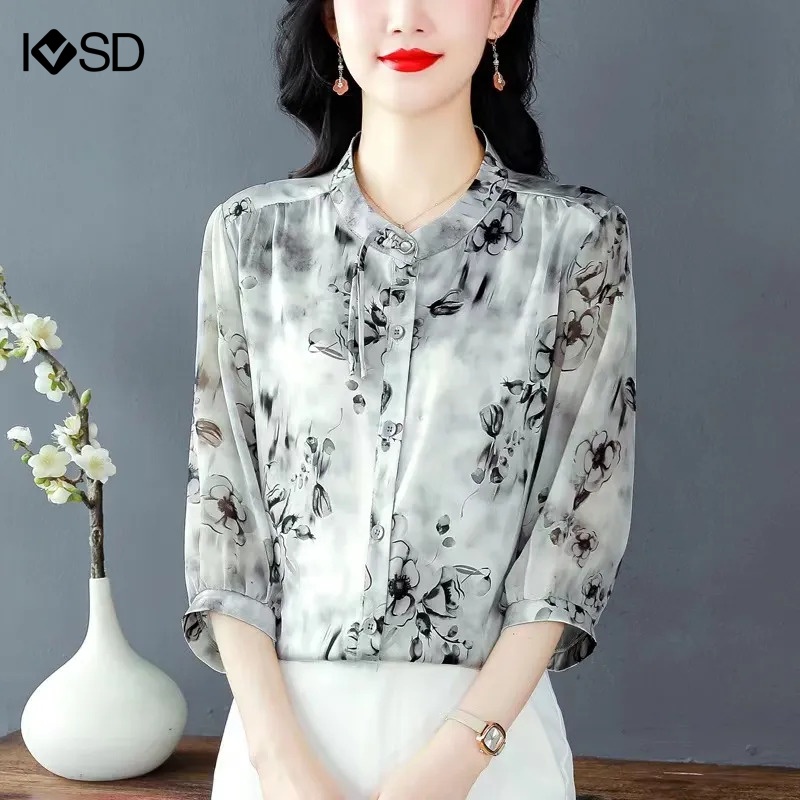 Ivsd เสื้อแฟชั่นผู้หญิงชีฟอง 3/4 แขนหัวเข็มขัด Retro T เสื้อ Elegant Blouse