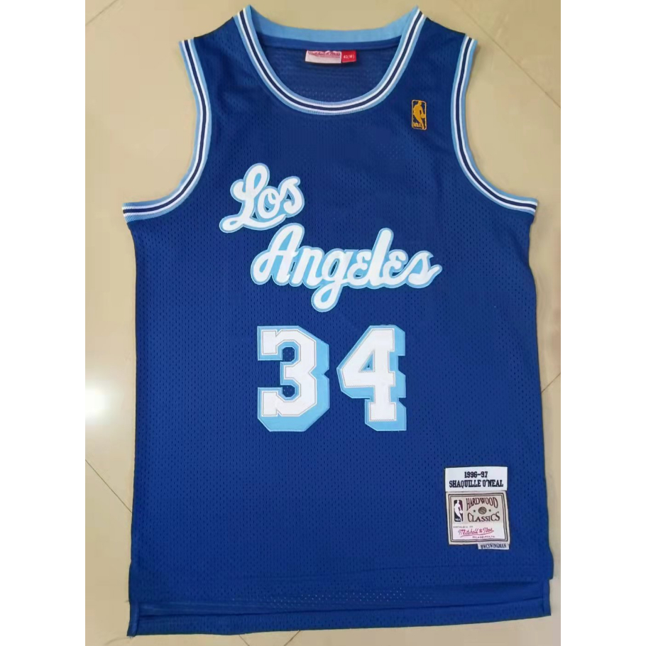1996-97 ฤดูกาล NBA ผู ้ ชาย Los Angeles Lakers #34 Shaquille O 'Neal เสื ้ อบาสเก ็ ตบอลย ้ อนยุค Cursive สีน ้ ําเงิน