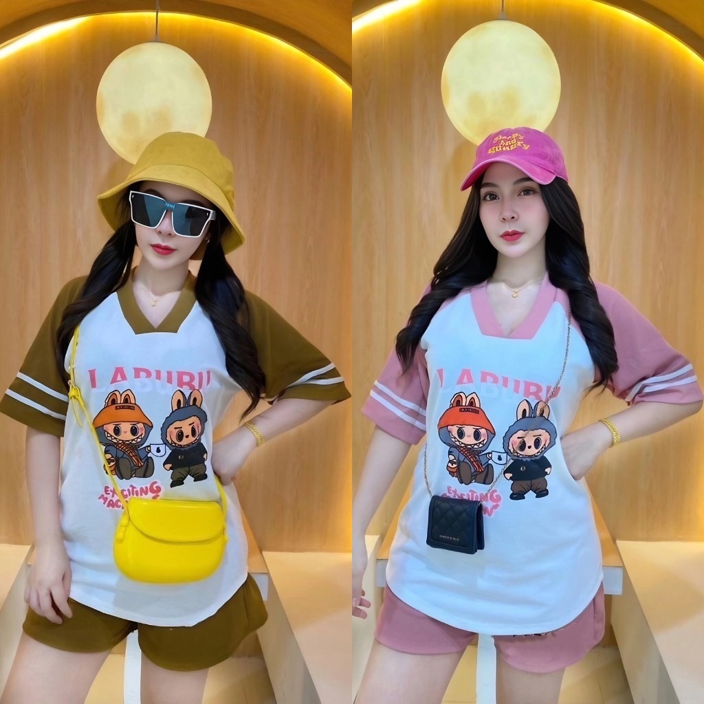 Labubu เสื้อยืดผู้หญิง Oversize เสื้อยืดคอวีหลวมกีฬาสไตล์เสื้อ Street Wear สําหรับสาวแนวโน้มร้อน 2024