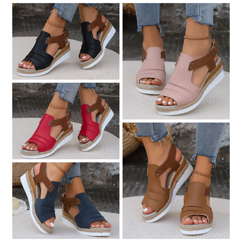 Peep-toe Wedge Heels Women Sandals Soft Base PU Sandals