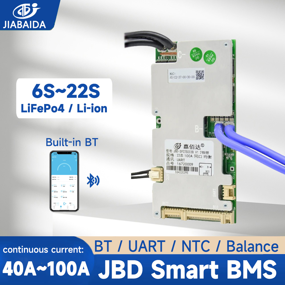Jiabaida BMS Smart BT 6S-22S 8S 24V LiFePo4 แบตเตอรี่ Li-ion 40A-100A 10S 12S 13S 16S 20S JBD BMS