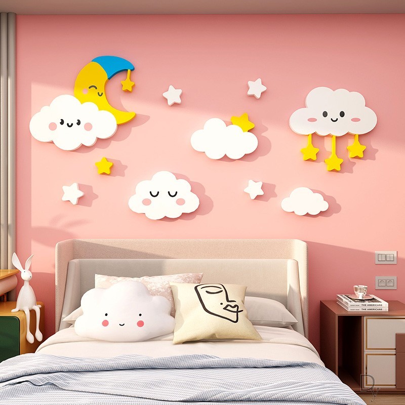 ดวงจันทร์เมฆสีขาวตกแต่งผนังปกน่าเกลียดเด็กตกแต่งห้องสาวห้องนอนข้างเตียงพื้นหลังตกแต่ง3งอะคริลิทําเองสติ๊กเกอร์ติดผนัง
