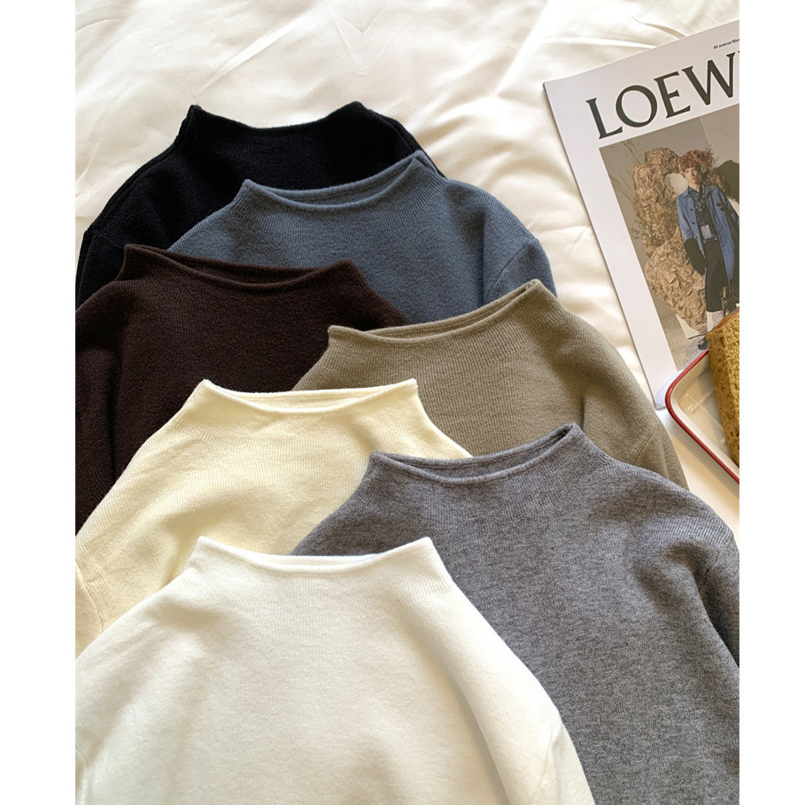 Suxi สีทึบที่เรียบง่ายฤดูใบไม้ร่วงใหม่ครึ่งคอสูงแขนยาวถักเสื้อกันหนาวผู้หญิงเสื้อถัก 240805