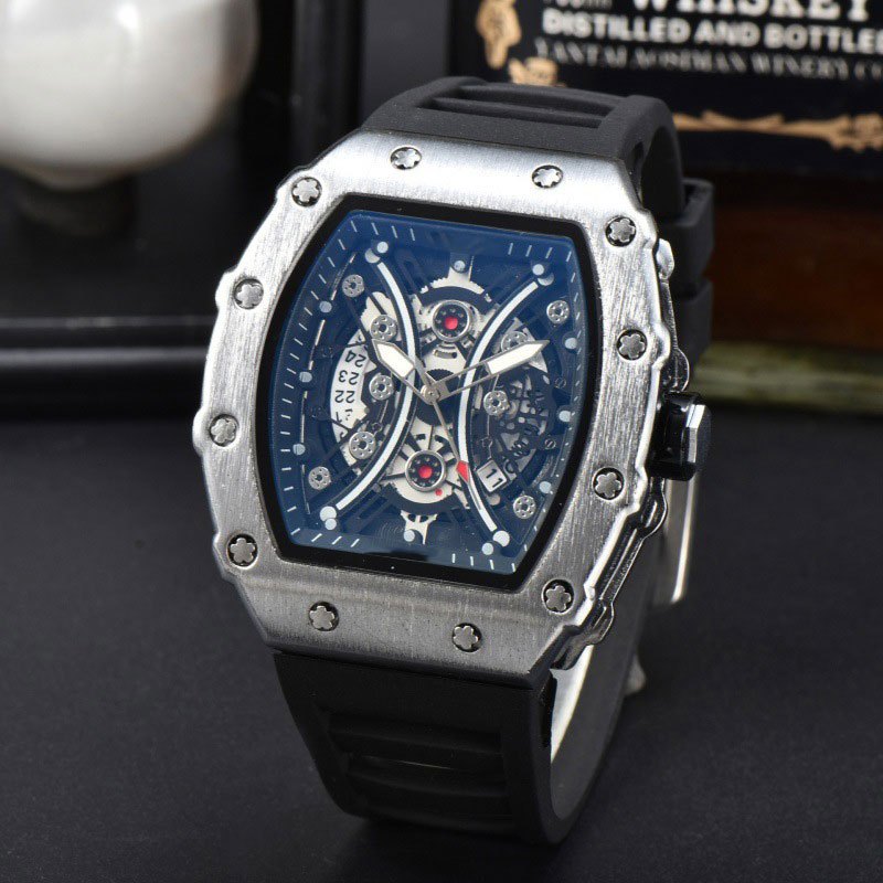 Silver and Black Elegant Barrel Shape Mens Quartz Watch with Skeleton Dial และ Black Silicone Strap