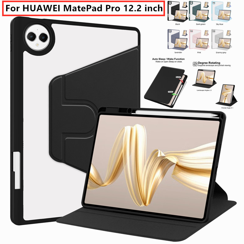 เคสสําหรับ HUAWEI MatePad Pro 12.2 นิ้วเคส 360° หมุนอะคริลิพับหนังพลิกกรณีกันกระแทกปกด้วยปากกากรณี