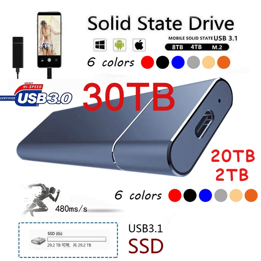 แบบพกพา SSD 2TB ฮาร์ดไดรฟ์ภายนอก 16TB 20TB 30TB Mobile Solid State Hard Drive USB 3.0 ภายนอกสําหรับแ