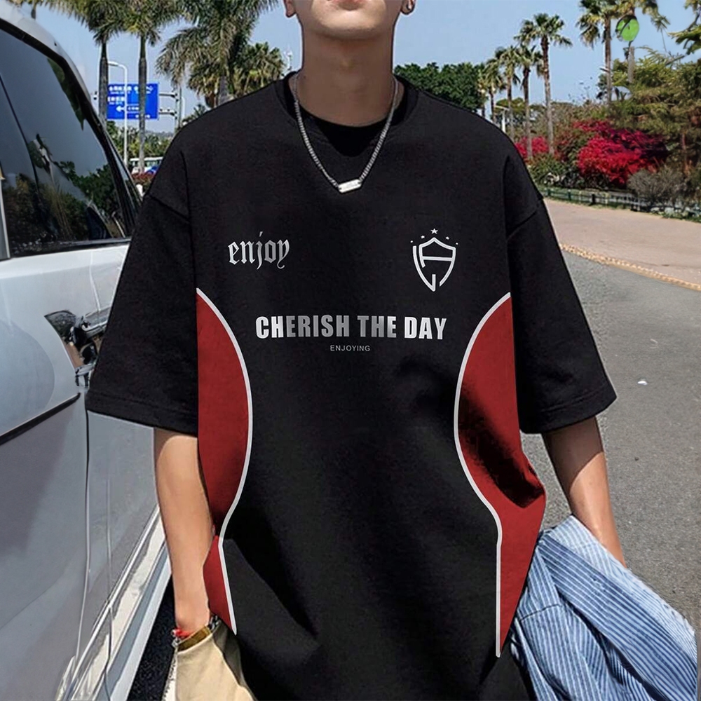 ฤดูร้อน Monogram พิมพ์เสื้อยืดลําลองผู้ชายเกาหลีอินเทรนด์แขนสั้นผู้ชายเสื้อยืดขนาดใหญ่ Street กีฬา Unisex Spliced ลูกเรือคอด้านบน