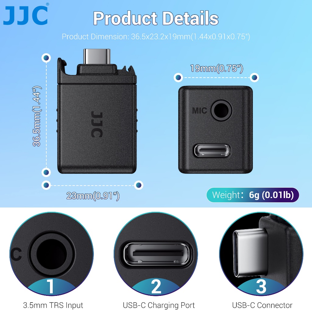 JJC Microphone Adapter อะแดปเตอร์เสียง 3.5mm อะแดปเตอร์ไมโครโฟน TRS สําหรับกล้อง DJI Osmo Action 5 Pro & Action 4