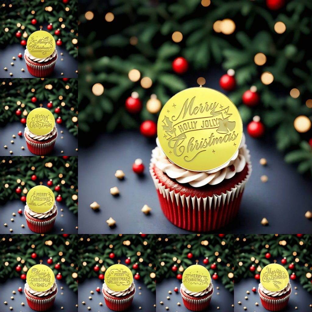 12 ชิ้น Merry Christmas Cupcake Toppers, กระจกอะคริลิคแผ่น Xmas Cupcake Picks ตกแต่งเค้กสําหรับงานปาร์ตี้ธีมคริสต์มาส