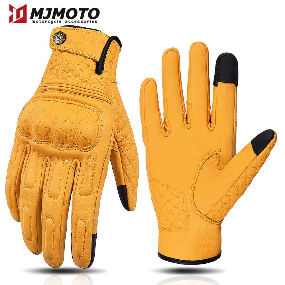 Mjmoto ใหม่ถุงมือหนังรถจักรยานยนต์ Four Seasons หน้าจอสัมผัสถุงมือเต็มนิ้ว Retro สีเหลืองสําหรับ Harley รถจักรยานยนต์ Anti-fall ถุงมือเกียร์ป้องกัน