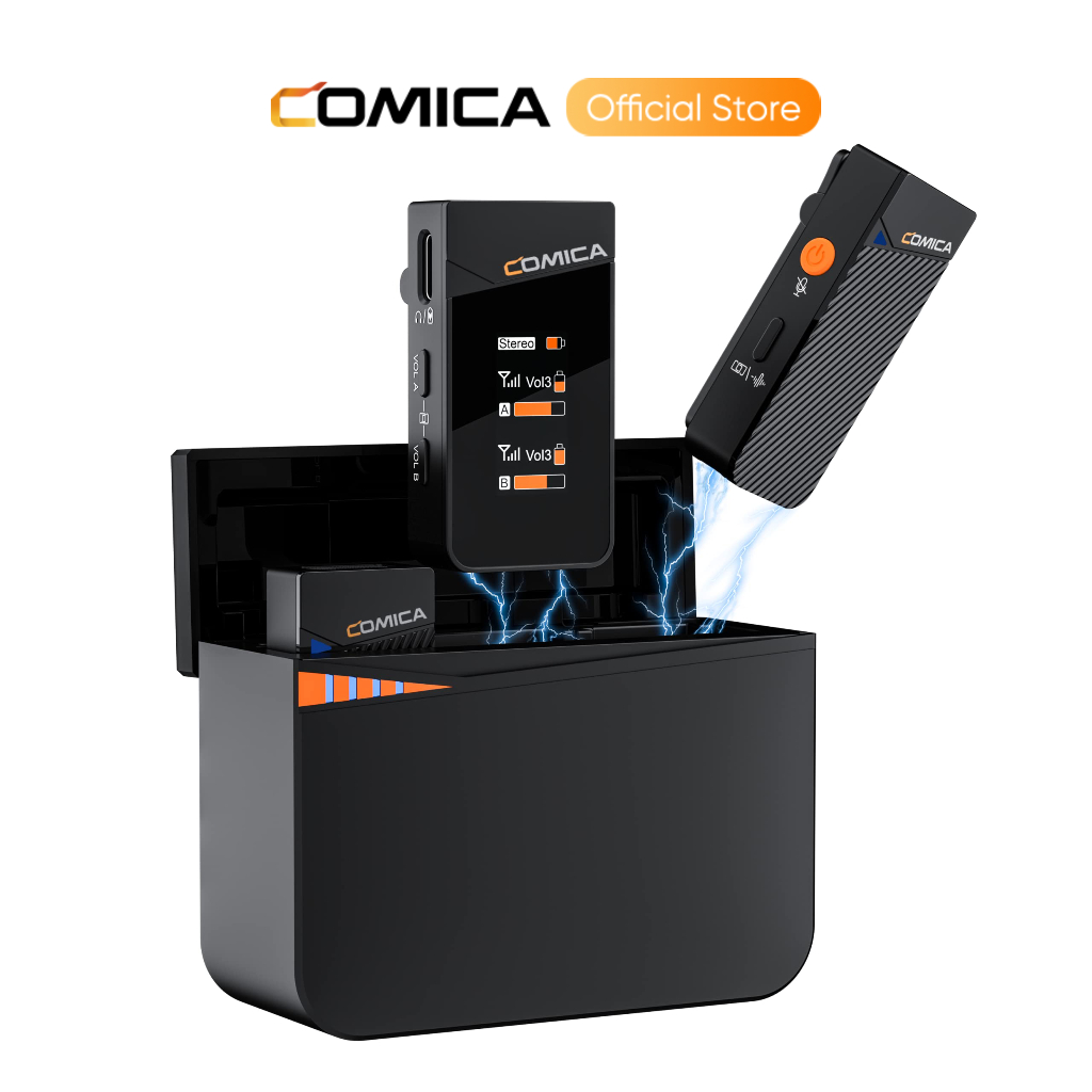 COMICA Vimo C ไมโครโฟนไร้สายแบบหนีบเสื้อพร้อมระบบตัดเสียงรบกวน, โหมดความปลอดภัย, ไมโครโฟนไร้สายคู่สําหรับกล้อง i-Phone Android DSLR กล้องกีฬาแล็ปท็อปพีซี