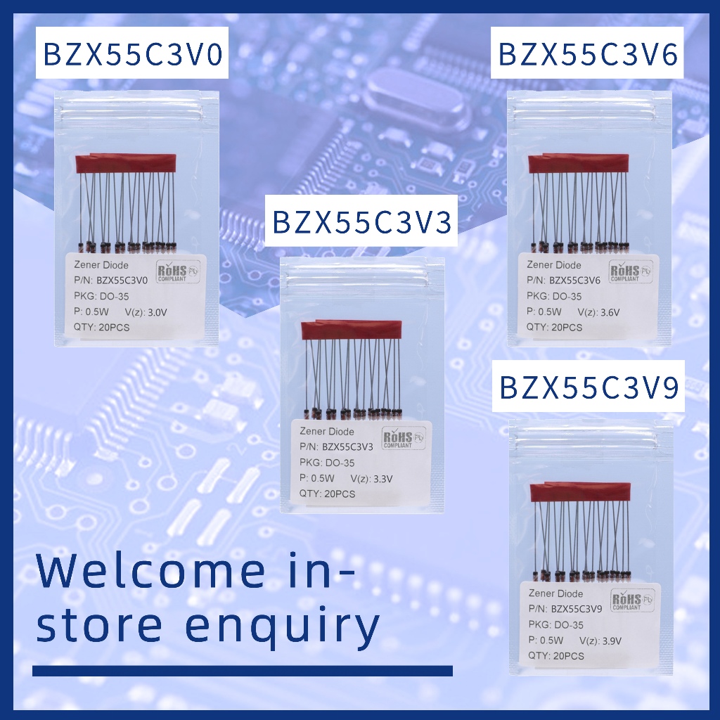 20-100 ชิ้น ไดโอด 1/2W BZX55C3V0 BZX55C3V3 BZX55C3V6 BZX55C3V9 Silicon Planar Power Zener Diodes ไดโ
