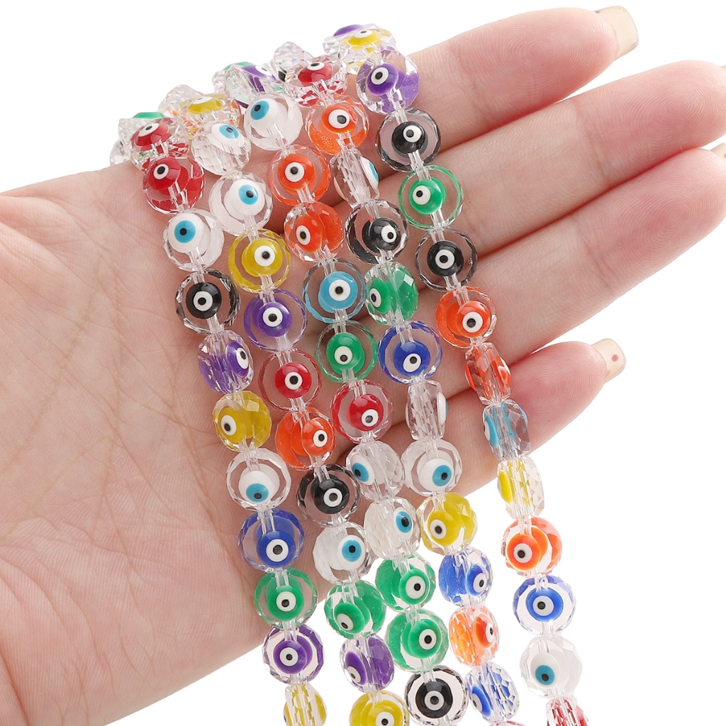 [10 มม.] สีสันโปร่งใสลูกปัด Eyeball Faceted แบนรอบลูกปัดแก้ว Eye ลูกปัด DIY เครื่องประดับทําด้วยมืออุปกรณ์เสริม