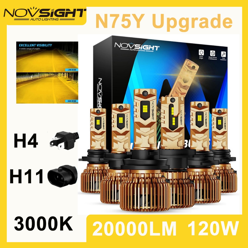 2 ชิ้น 3000 พันสีเหลือง Novsight N75Y H11 H4 รถ LED ไฟหน้าหลอดไฟรถยนต์ 20000LM 120 วัตต์หมอก