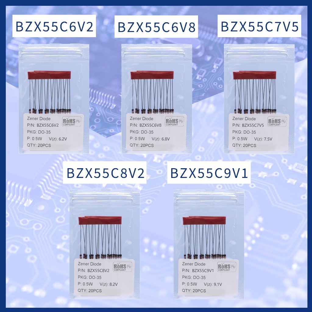 20 ชิ้น ไดโอด 1/2W BZX55C BZX55C6V2 BZX55C6V8 BZX55C7V5 BZX55C8V2 BZX55C9V1 Silicon Planar Power Zen